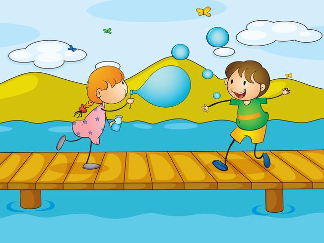 Kids playing at the bridge vector