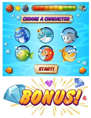 Game template with fish and shark characters vector