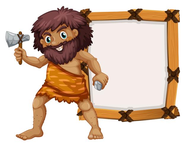 Caveman and wooden frame vector