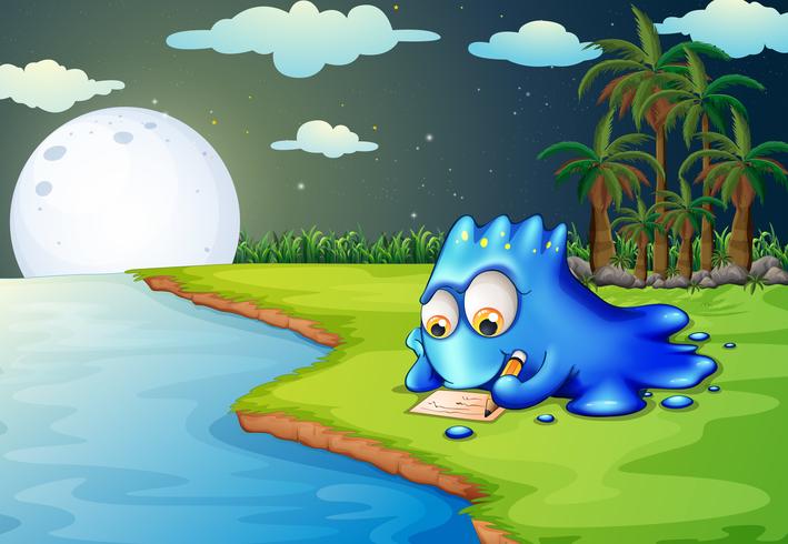 Un monstruo azul escribiendo una carta en la orilla del río. vector
