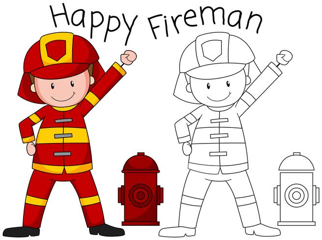 Doodle happy fireman character vector