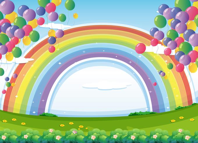 Un cielo con un arco iris y coloridos globos flotantes. vector