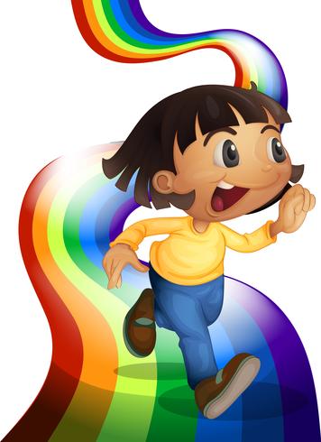 Un arcoiris con un niño jugando. vector