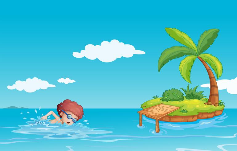 A teenager swimming at the sea with a small island  vector