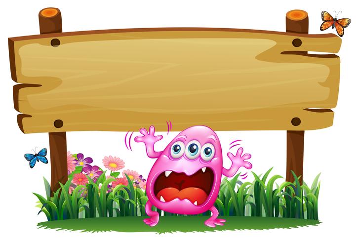 A scared pink monster under the wooden signboard vector