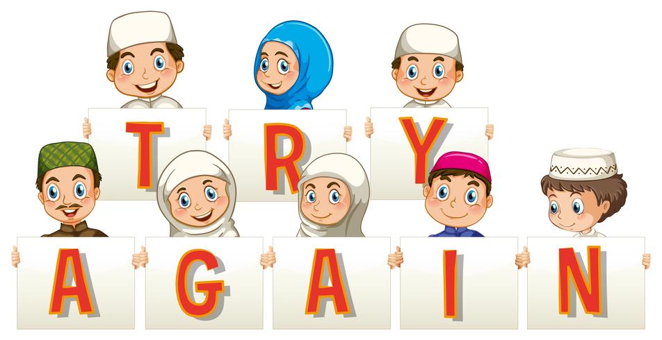 Muslim people holding sign for try again vector