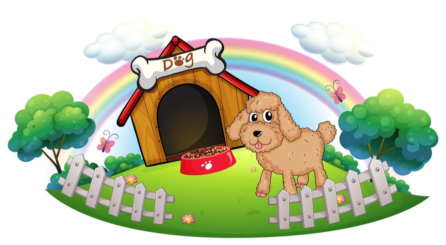 A puppy near a wooden doghouse with bone vector