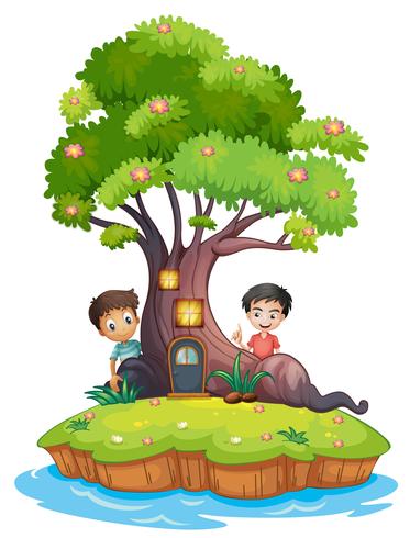 Dos niños en la parte trasera de la casa del árbol encantada vector