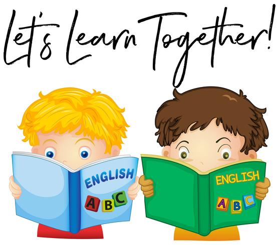 Boys reading book with phrase let's learn together vector