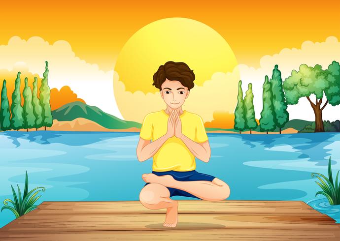 A young man exercising at the wooden bridge vector