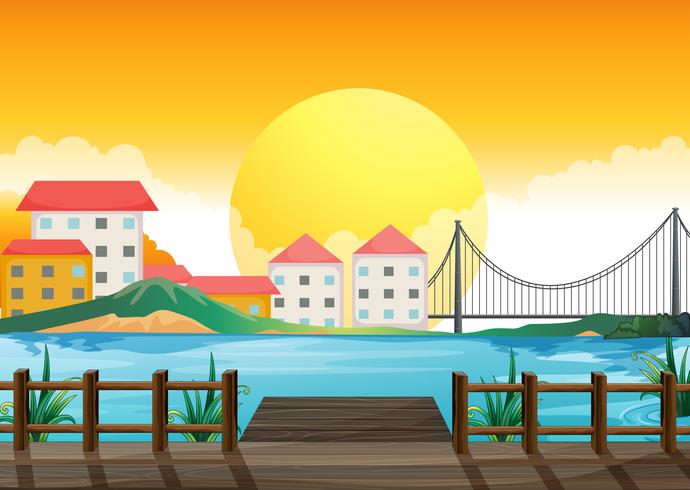 A wooden bridge across the tall buildings vector