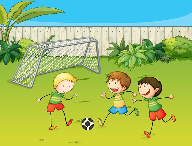 Kids playing football on football ground vector