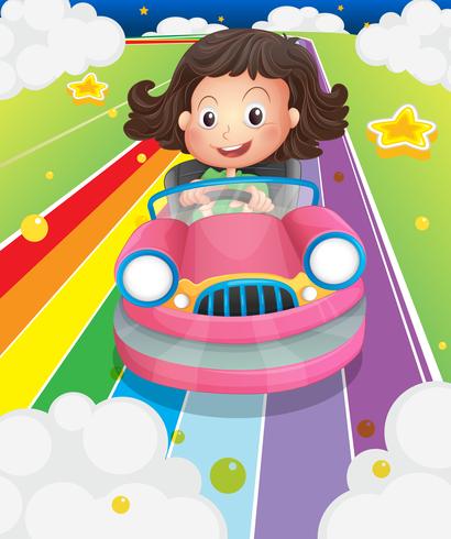 Una niña conduciendo su carro rosa. vector