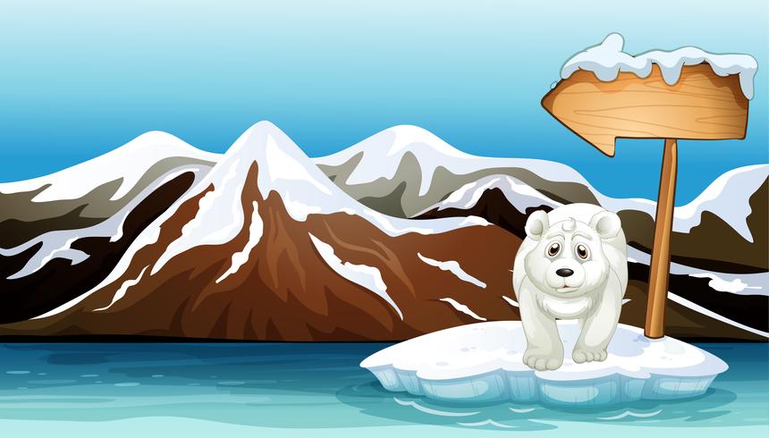 Un oso polar sobre el iceberg con un letrero. vector