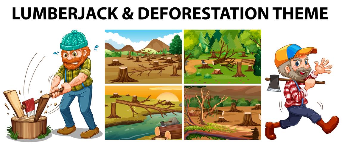 Escenas de leñador y deforestación. vector