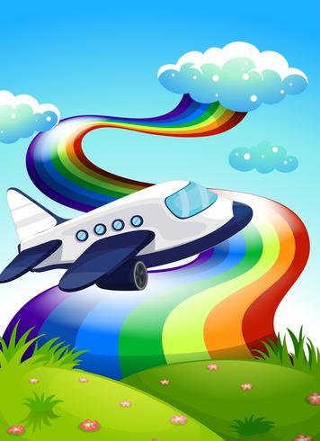 Un avión de reacción cerca de la colina con un arco iris. vector