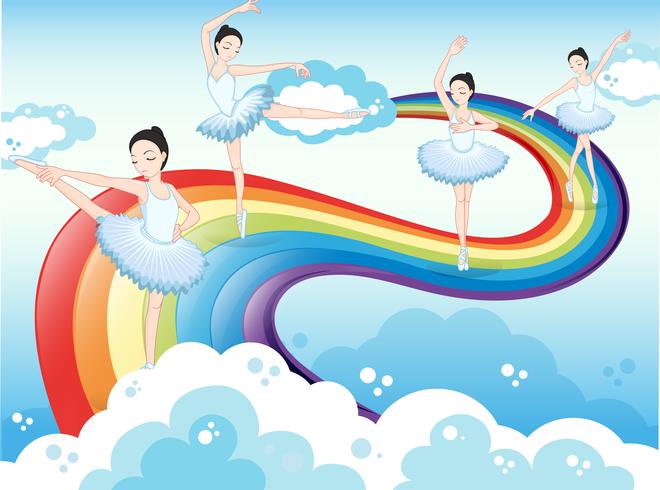 Bailarines de ballet en el cielo con un arcoiris. vector