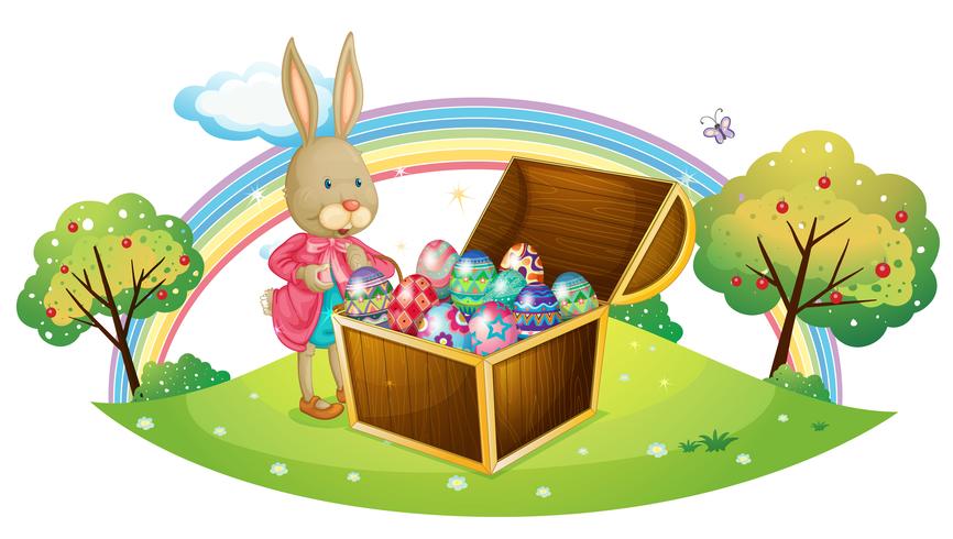 A bunny with many coloful eggs vector