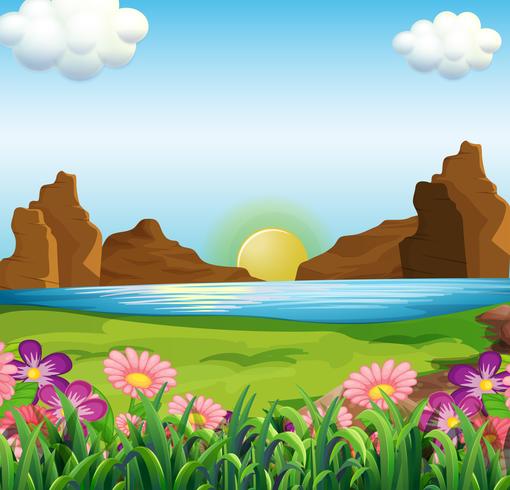 A view of the river and the beautiful flowers vector