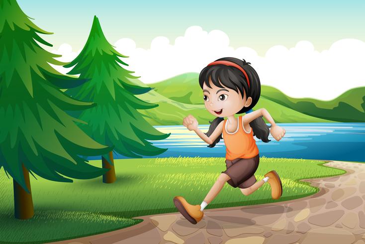 Una niña corriendo junto a la orilla del río con pinos. vector