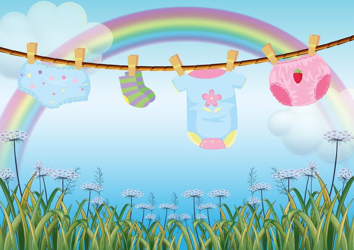 Hanging baby clothes under the rainbow vector