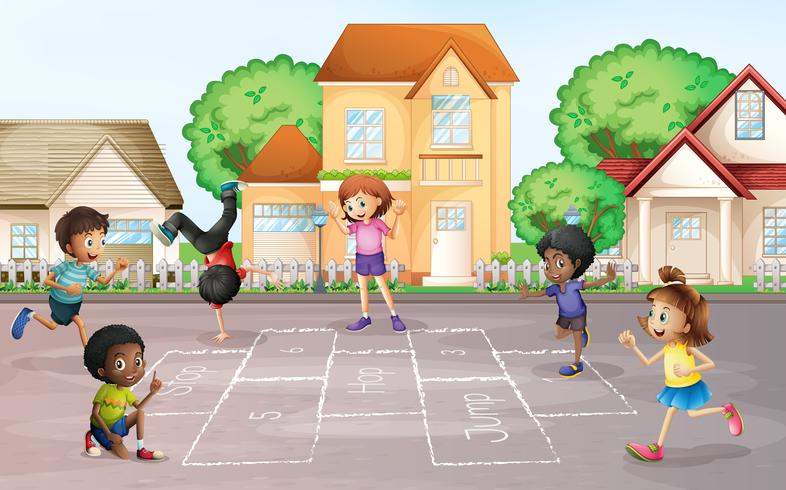 Children playing hopscotch at village vector