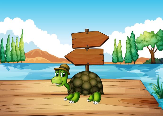A turtle at the wooden bridge with an empty signboard vector