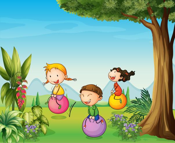 Three kids having fun with a bouncing ball  vector
