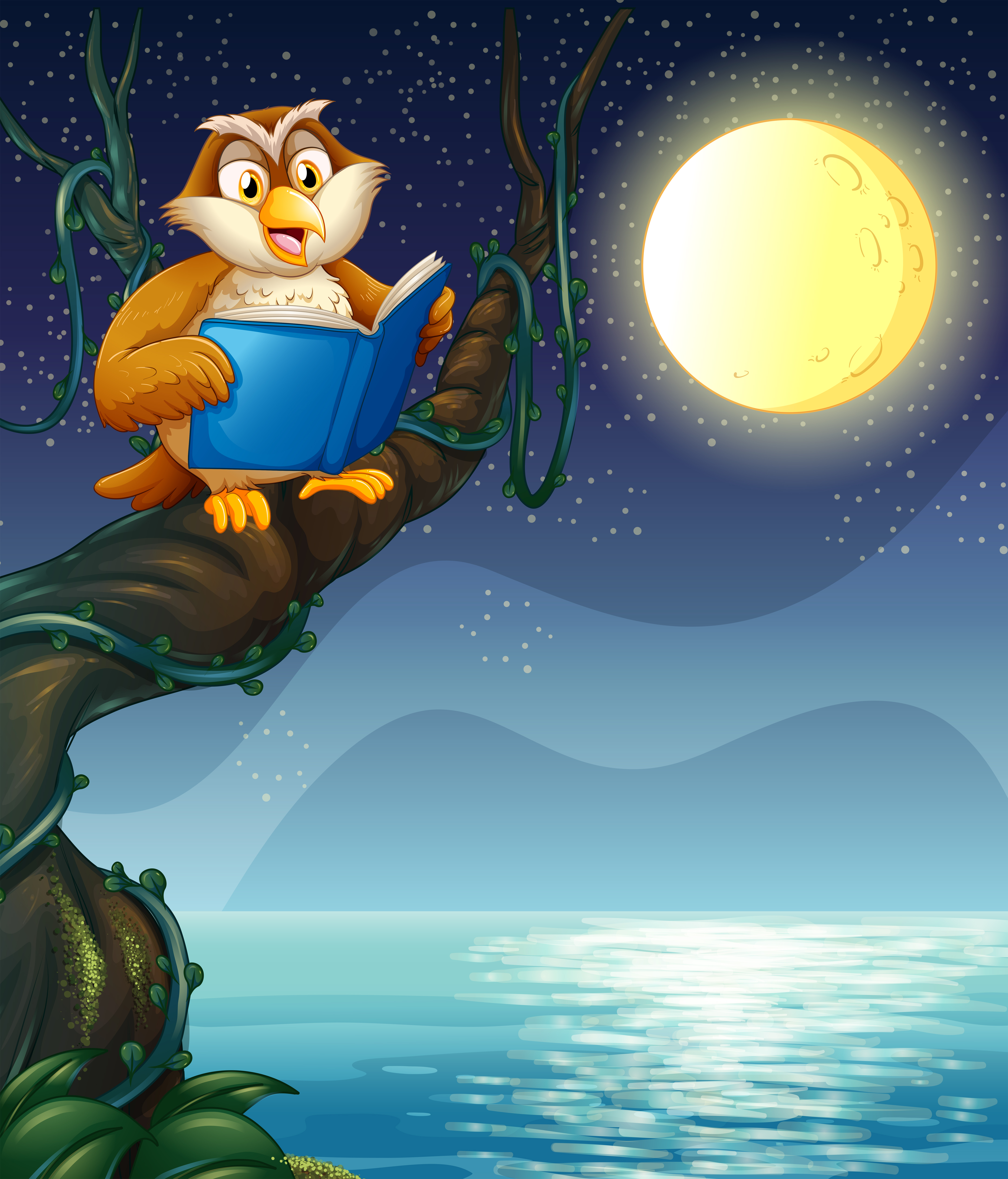 An owl reading a book above a branch of a tree 520906 Vector Art at