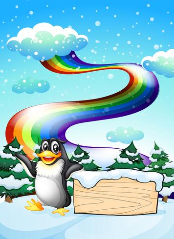 Un pingüino cerca del letrero vacío y un arco iris en el cielo vector