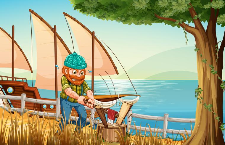 A hardworking man chopping woods at the riverbank vector