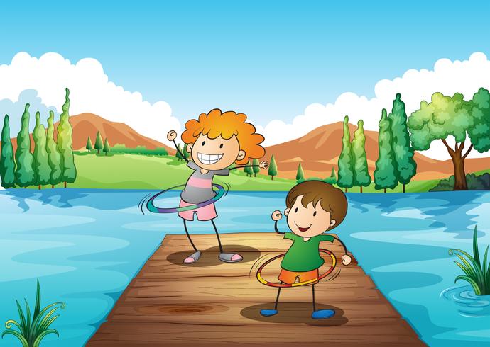 Dos niños jugando al hulahoop en el río vector