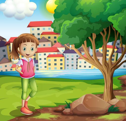 A young girl at the riverbank near the tree vector