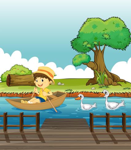 A boy riding on a boat followed by ducks vector