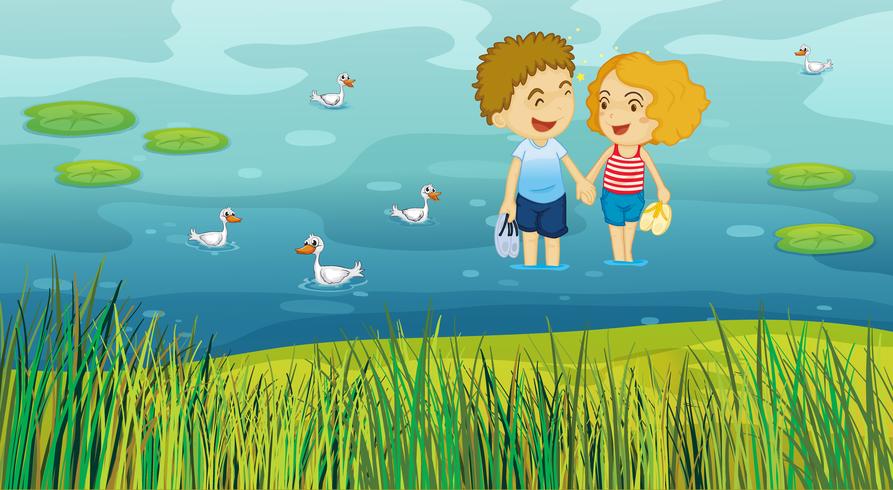 A girl and a boy in the pond vector