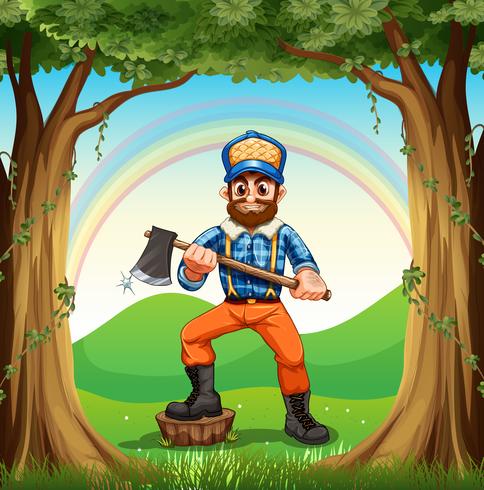A lumberjack stepping at the stump in the forest vector
