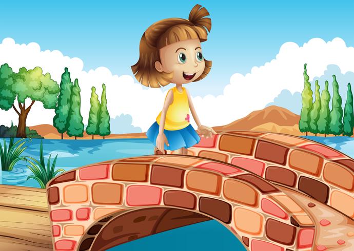 Una niña pequeña cruzando el puente. vector