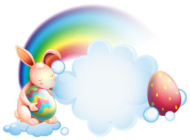 A bunny holding an egg while sleeping in front of a rainbow  vector
