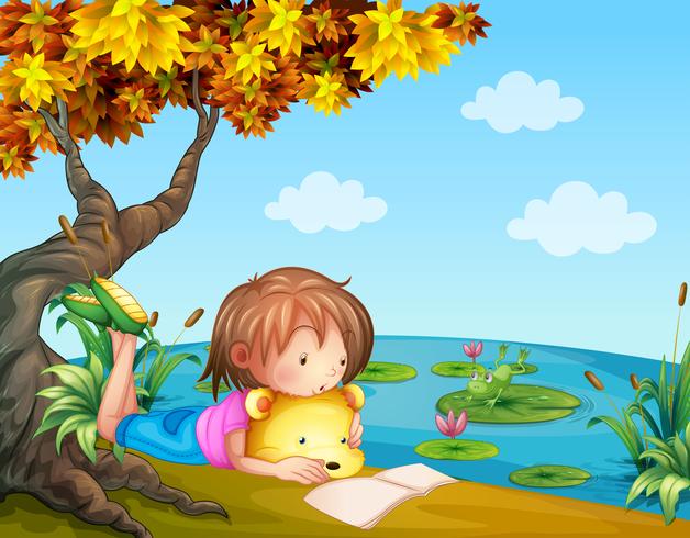 Una niña leyendo junto al río. vector