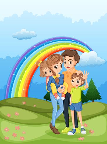 Una familia paseando con un arco iris en el cielo. vector