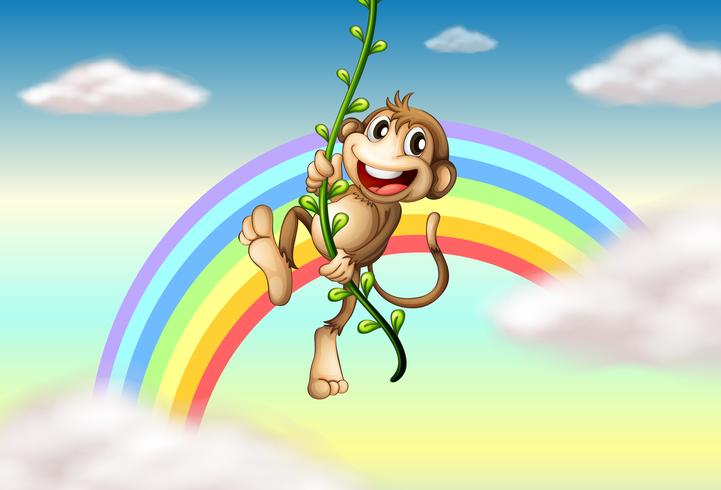 Un mono colgado en una planta de vid cerca del arco iris vector