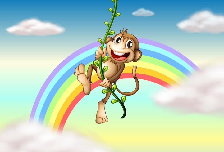 A monkey hanging on a vine plant near the rainbow vector