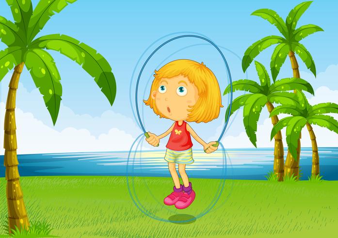 A girl playing skipping rope at the riverside vector