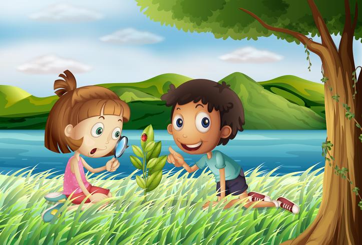 Kids near the river with a magnifying glass vector