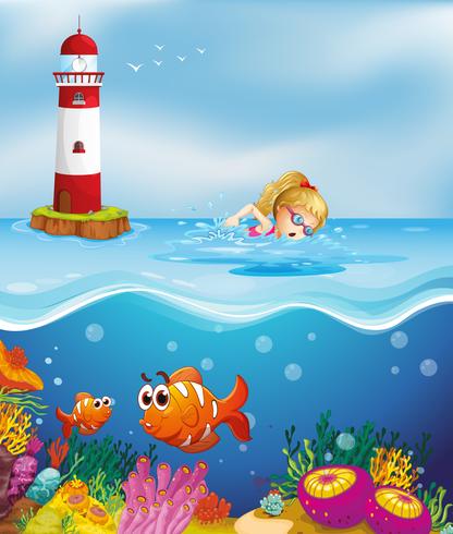 A girl swimming near the lighthouse vector