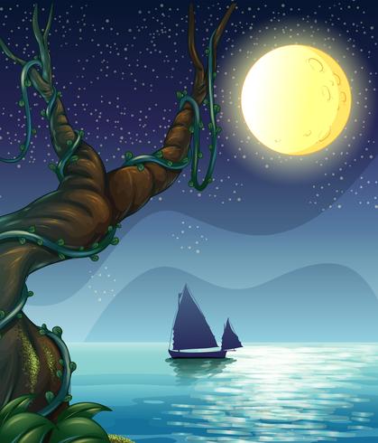 A boat sailing in the middle of the night vector