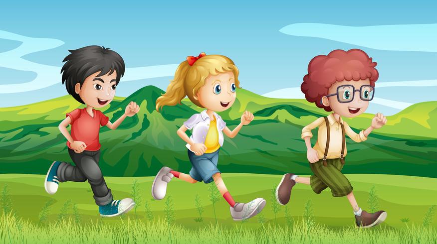 Niños corriendo por las colinas vector