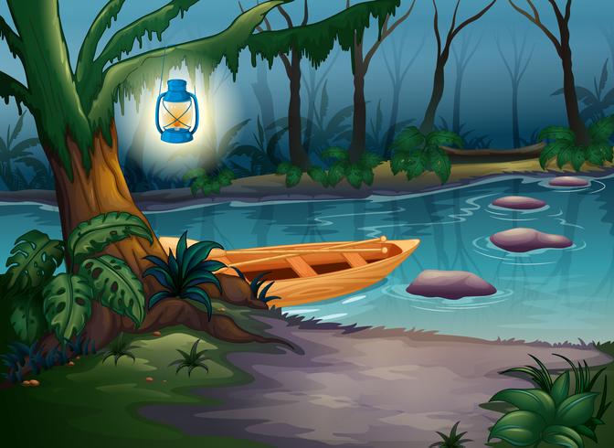 A canoe in a mysterious forest vector
