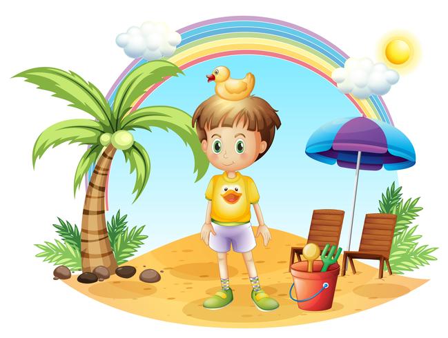 A young child with his toys near the coconut tree vector