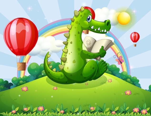 A crocodile reading at the hilltop with a rainbow vector